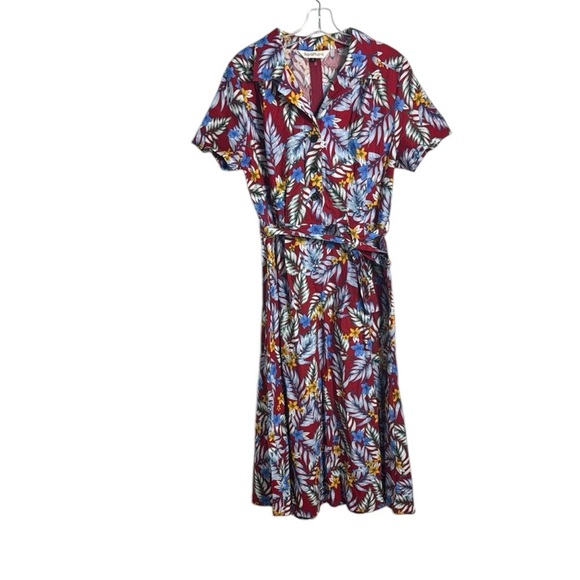 Royal Monk Red Tropical Print Floral Tie Front V Neck Midi Dress Size Large - Picture 1 of 13